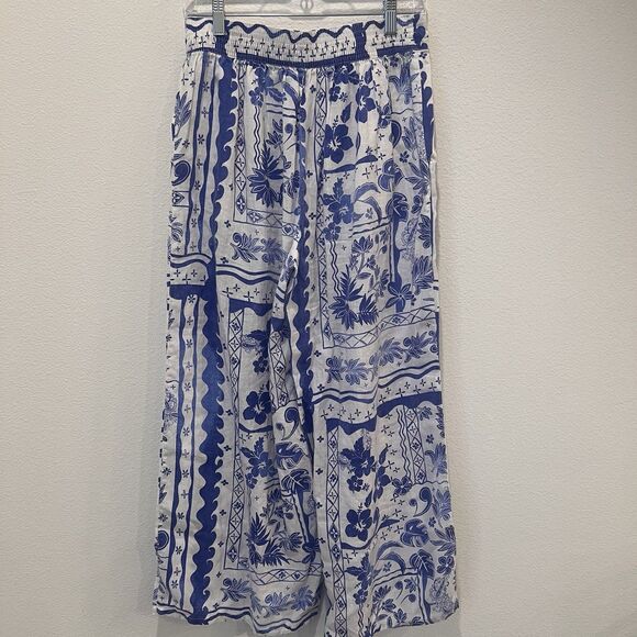 Joie Blue Tropical Print Linen Wide Leg Pants Sz M Resort Wear Beach Vacation - Picture 6 of 10